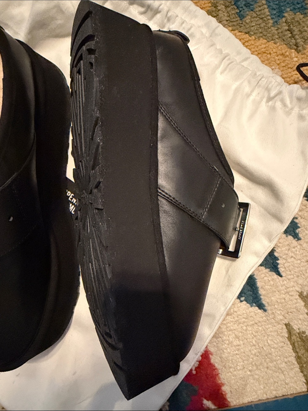 UGG Black Leather Platform Slip-On Shoes with Buckle - Picture 6 of 7